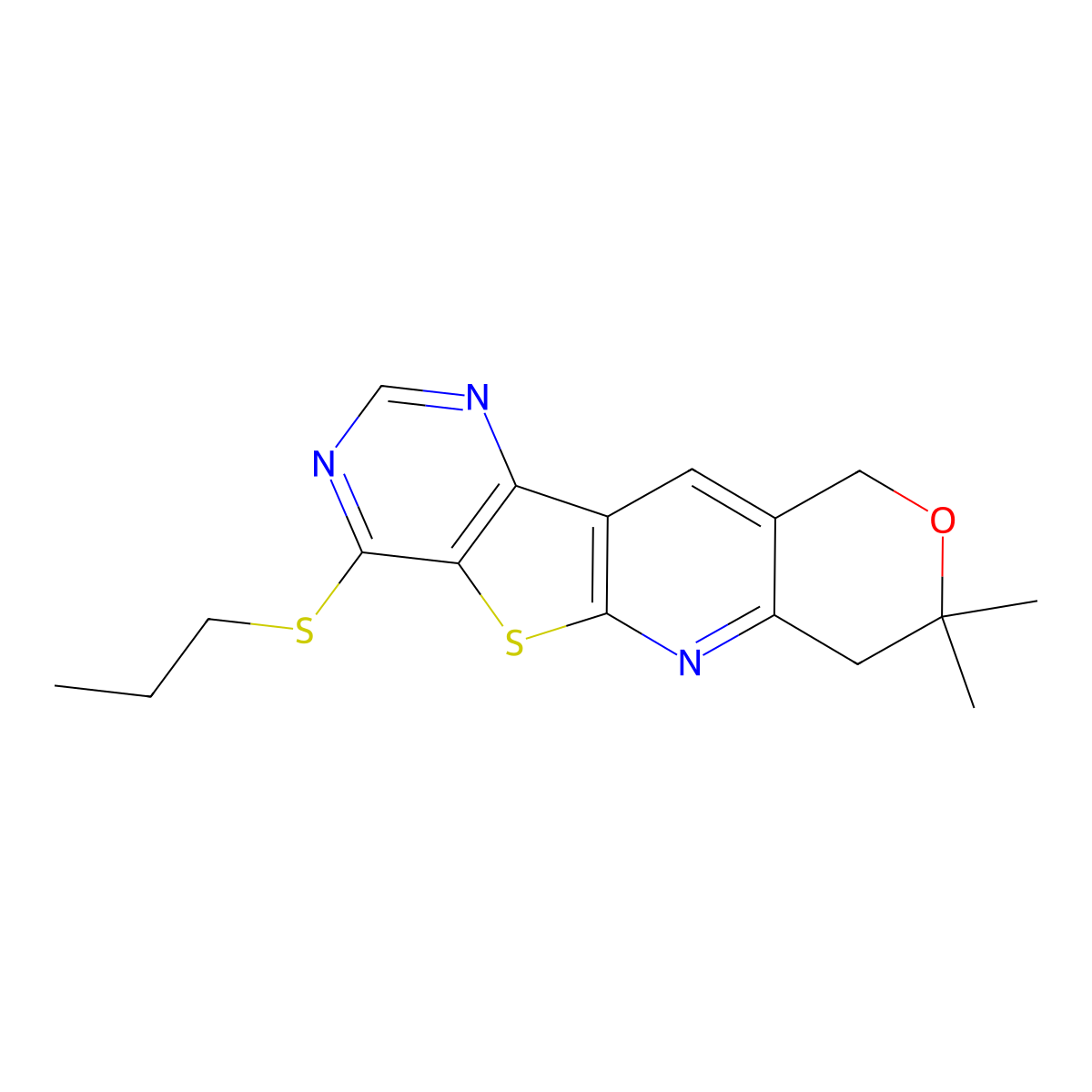 8,8-dimethyl-4-(propylsulfanyl)-7,10-dihydro-8H-pyrano[3'',4'':5',6']pyrido[3',2':4,5]thieno[3,2-d]pyrimidine molecular structure, CAS 381693-54-5
