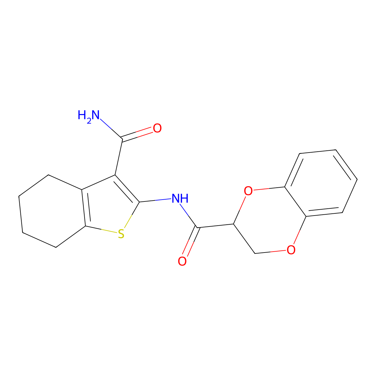N-(3-carbamoyl-4,5,6,7-tetrahydro-1-benzothiophen-2-yl)-2,3-dihydro-1,4-benzodioxine-3-carboxamide molecular structure, CAS 381693-70-5