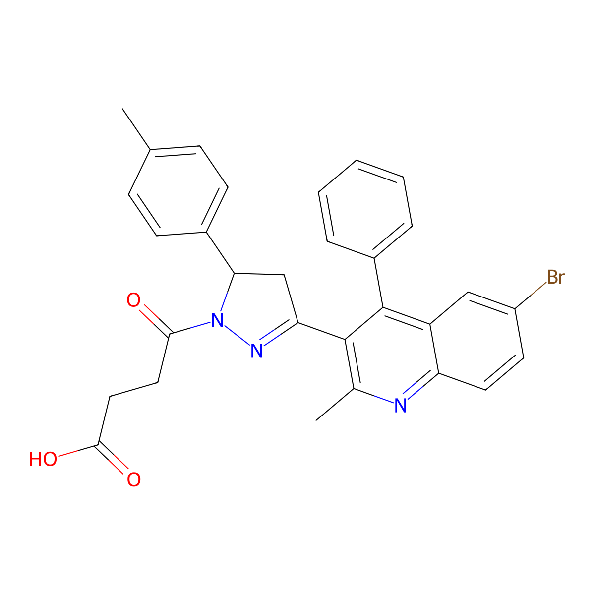 4-[3-(6-bromo-2-methyl-4-phenylquinolin-3-yl)-5-(4-methylphenyl)-4,5-dihydro-1H-pyrazol-1-yl]-4-oxobutanoic acid molecular structure, CAS 381693-94-3