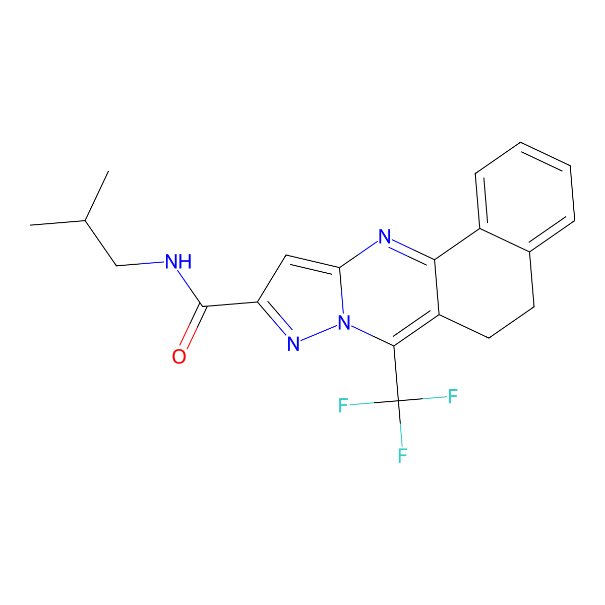N-isobutyl-7-(trifluoromethyl)-5,6-dihydrobenzo[h]pyrazolo[5,1-b]quinazoline-10-carboxamide molecular structure, CAS 381695-76-7