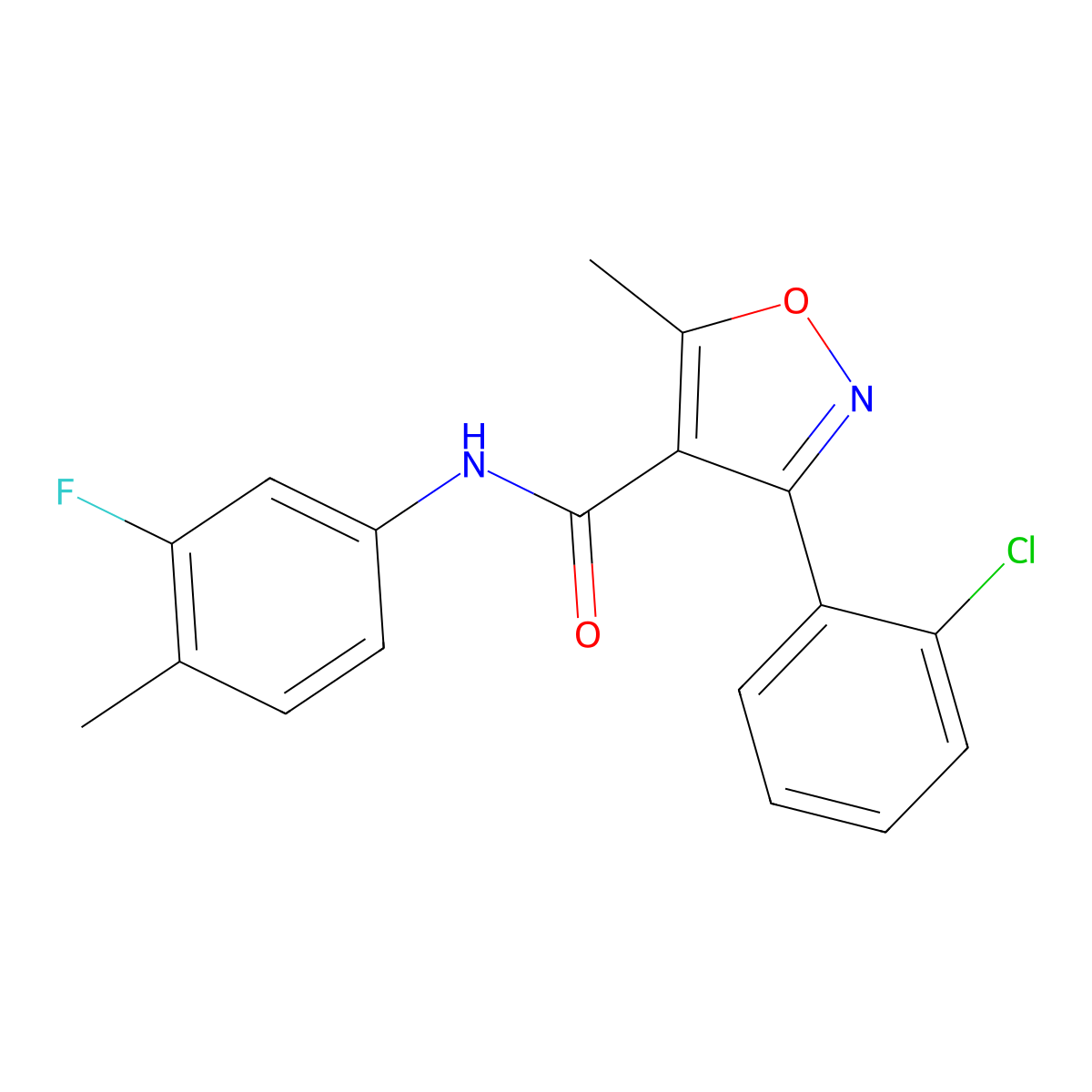 3-(2-chlorophenyl)-N-(3-fluoro-4-methylphenyl)-5-methyl-1,2-oxazole-4-carboxamide molecular structure, CAS 381696-43-1