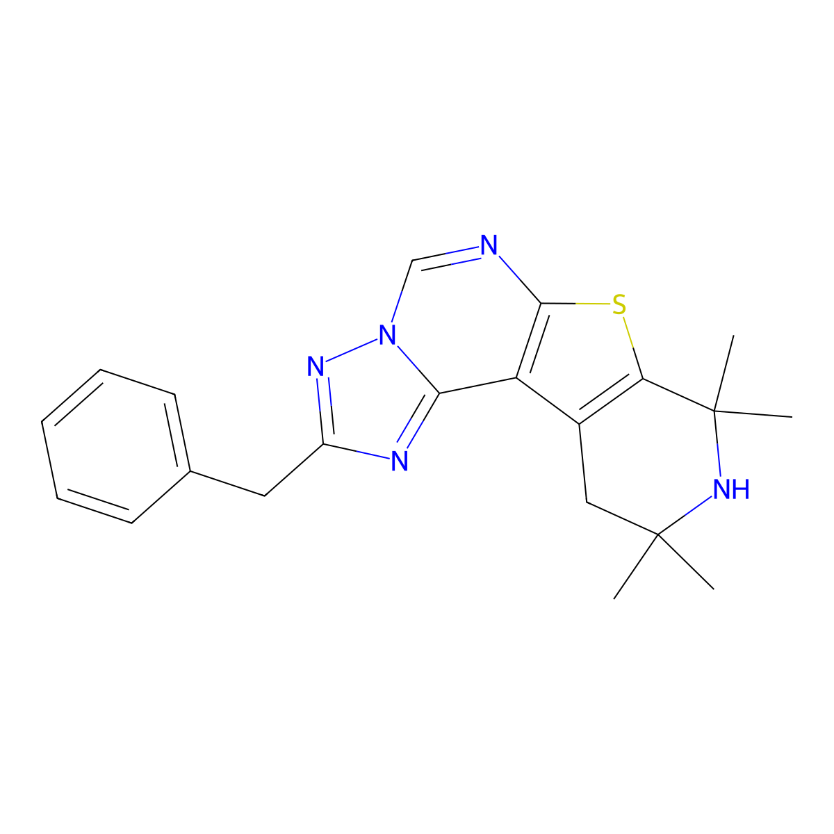 2-Benzyl-8,8,10,10-tetramethyl-8,9,10,11-tetrahydropyrido[4',3':4,5]thieno[3,2-e][1,2,4]triazolo[1,5-c]pyrimidine molecular structure, CAS 381697-56-9