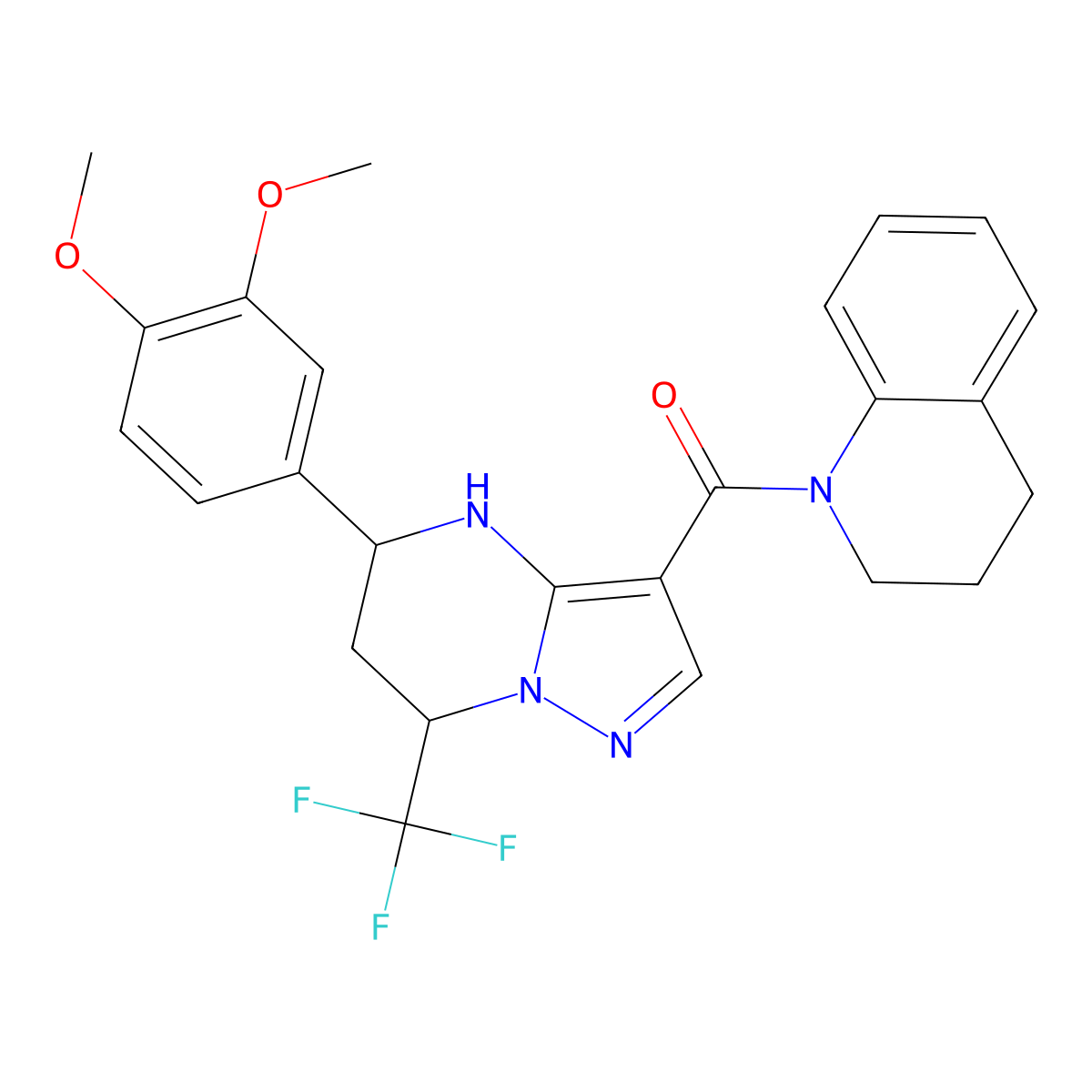 (3,4-dihydroquinolin-1(2H)-yl)(5-(3,4-dimethoxyphenyl)-7-(trifluoromethyl)-4,5,6,7-tetrahydropyrazolo[1,5-a]pyrimidin-3-yl)methanone molecular structure, CAS 381698-03-9