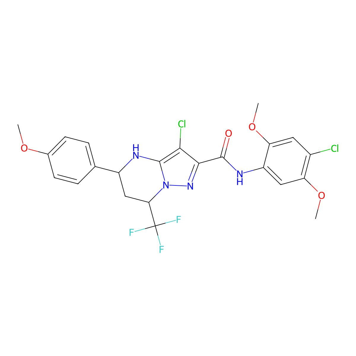 3-chloro-N-(4-chloro-2,5-dimethoxyphenyl)-5-(4-methoxyphenyl)-7-(trifluoromethyl)-4,5,6,7-tetrahydropyrazolo[1,5-a]pyrimidine-2-carboxamide molecular structure, CAS 381698-10-8