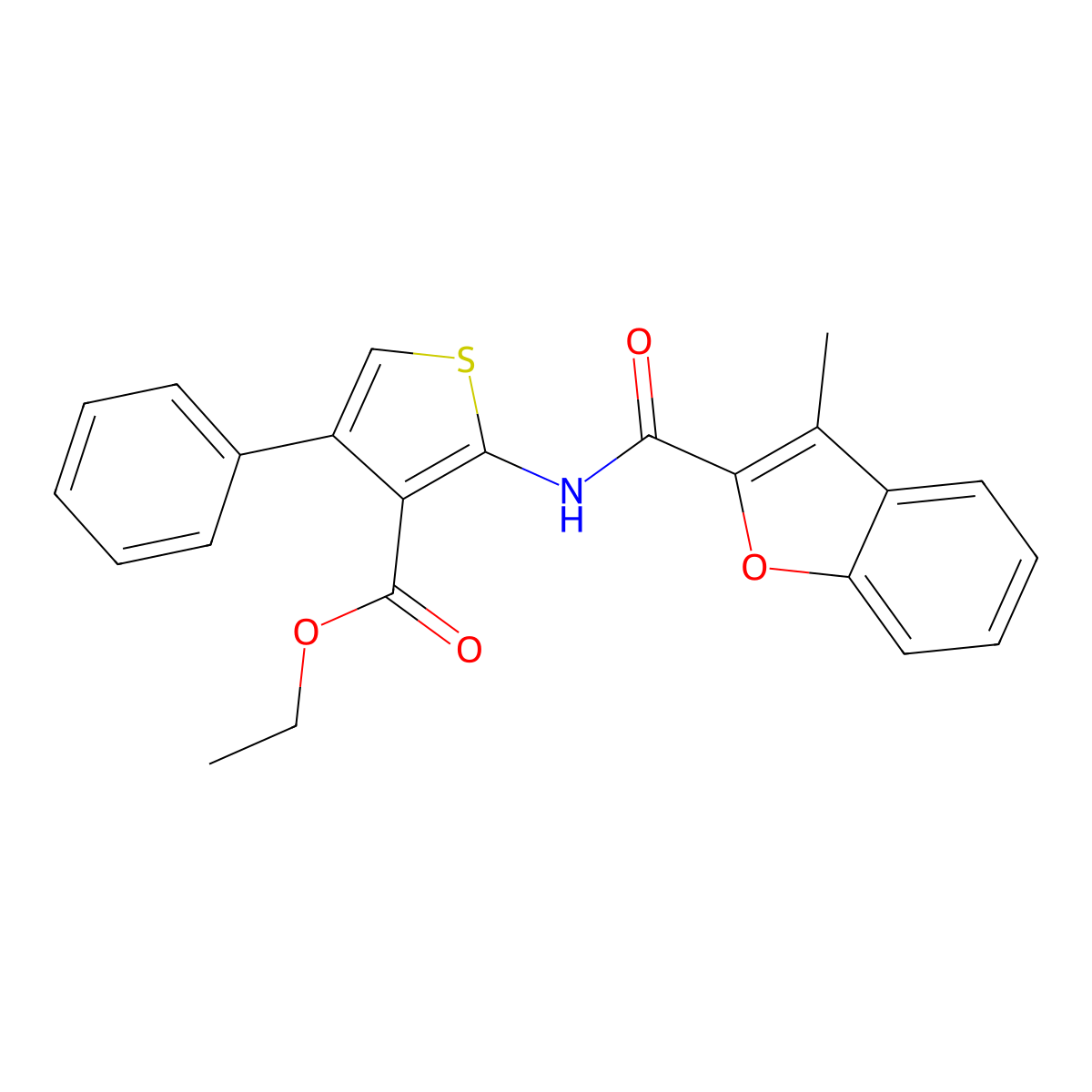 Ethyl 2-(3-methylbenzofuran-2-carboxamido)-4-phenylthiophene-3-carboxylate molecular structure, CAS 381699-19-0