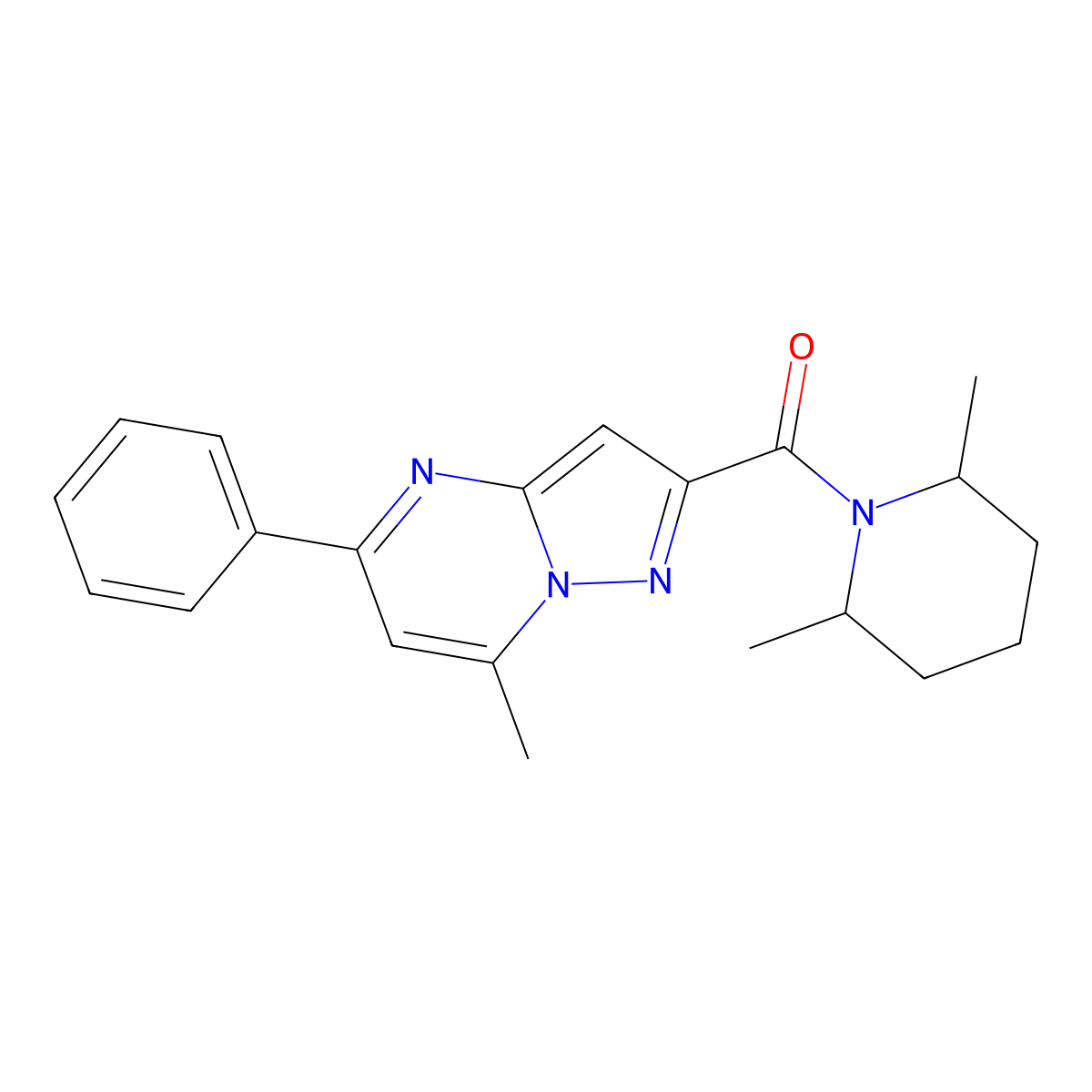 (2,6-Dimethylpiperidin-1-yl)(7-methyl-5-phenylpyrazolo[1,5-a]pyrimidin-2-yl)methanone molecular structure, CAS 381702-07-4