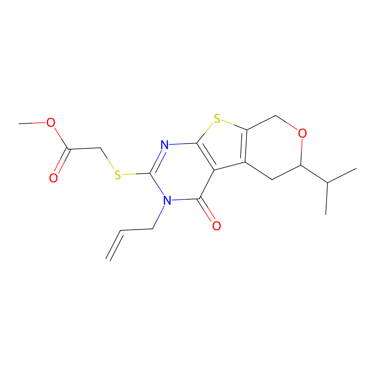 methyl 2-[(4-oxo-6-propan-2-yl-3-prop-2-enyl-6,8-dihydro-5H-pyrano[2,3]thieno[2,4-b]pyrimidin-2-yl)sulfanyl]acetate molecular structure, CAS 381702-51-8