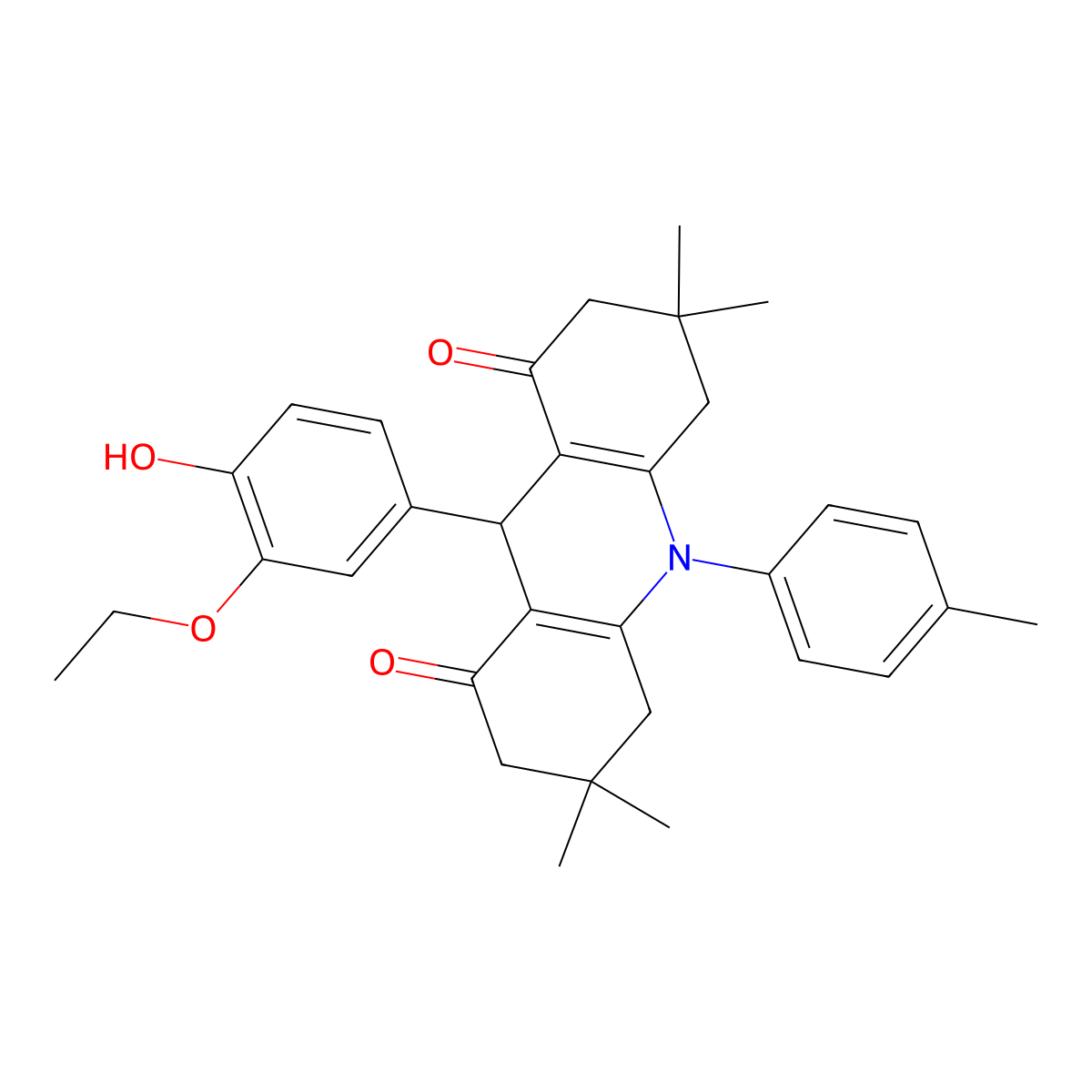 9-(3-ethoxy-4-hydroxyphenyl)-3,3,6,6-tetramethyl-10-(4-methylphenyl)-4,5,7,9-tetrahydro-2H-acridine-1,8-dione molecular structure, CAS 381702-82-5