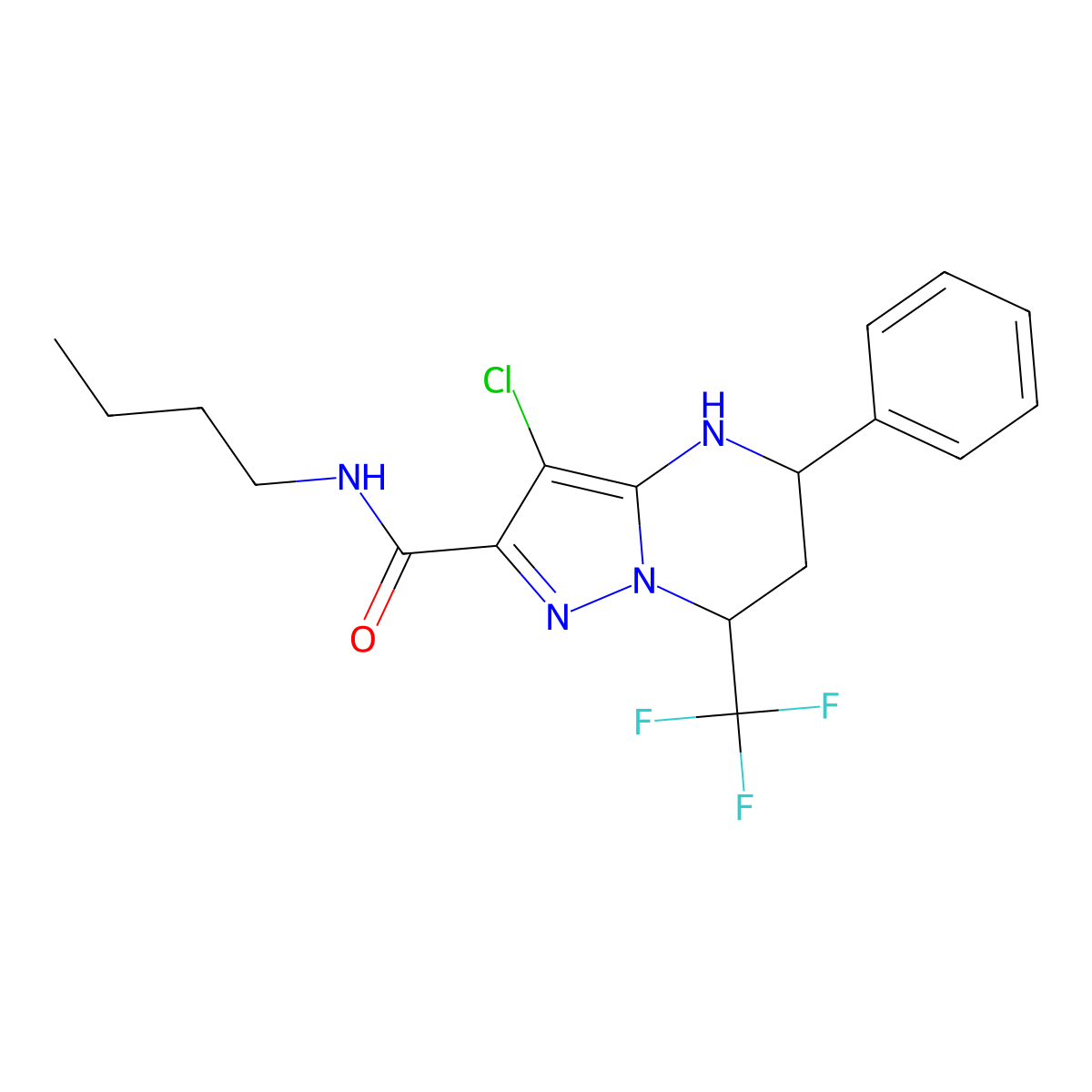 N-butyl-3-chloro-5-phenyl-7-(trifluoromethyl)-4,5,6,7-tetrahydropyrazolo[1,5-a]pyrimidine-2-carboxamide molecular structure, CAS 381702-84-7