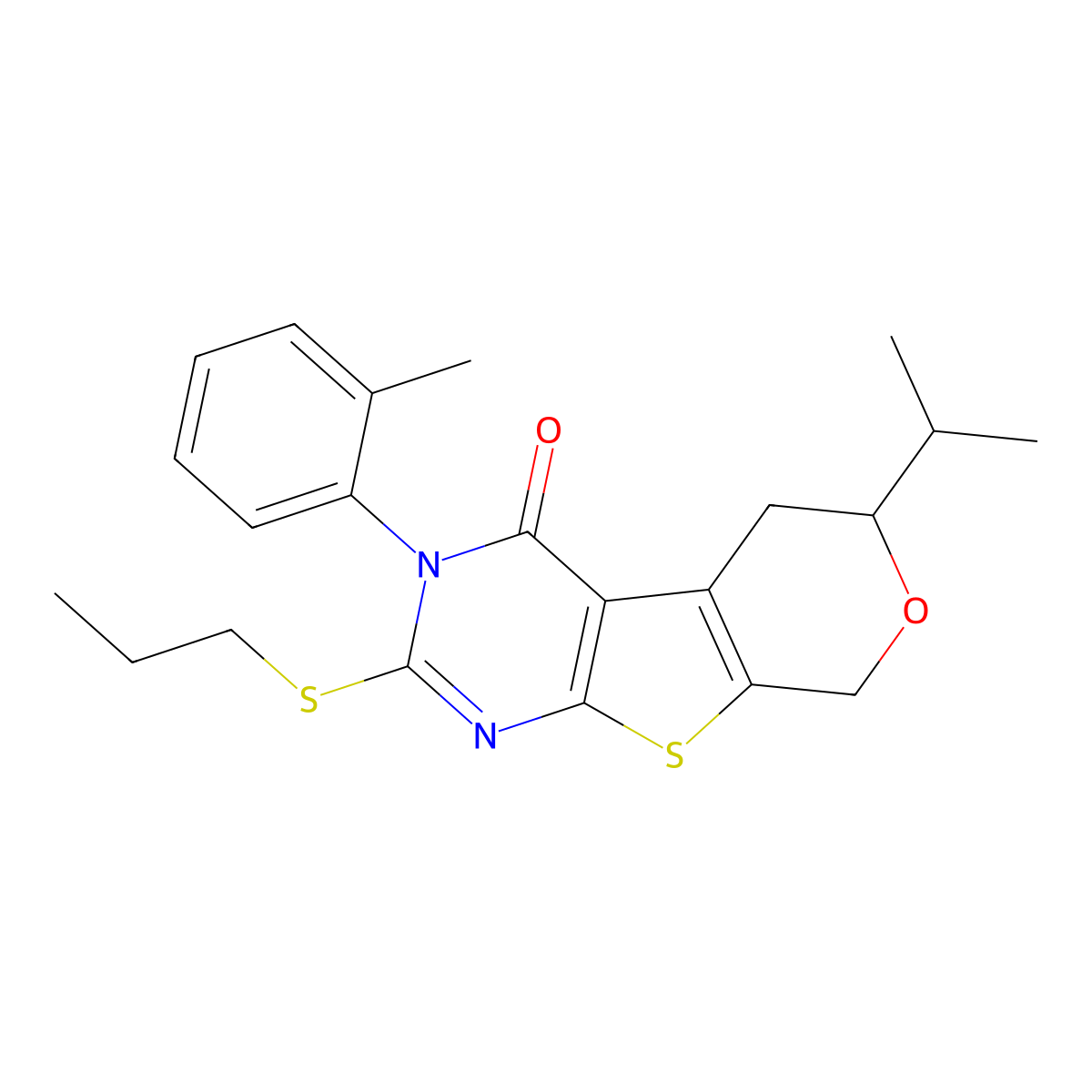 6-isopropyl-2-(propylthio)-3-(o-tolyl)-5,6-dihydro-3H-pyrano[4',3':4,5]thieno[2,3-d]pyrimidin-4(8H)-one molecular structure, CAS 381703-09-9