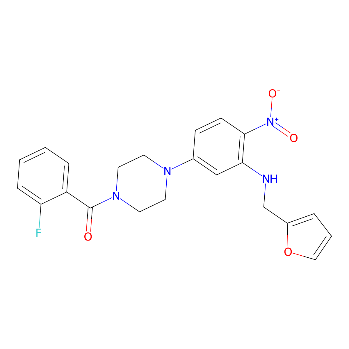 (2-Fluorophenyl)-[4-[3-(furan-2-ylmethylamino)-4-nitrophenyl]piperazin-1-yl]methanone molecular structure, CAS 381703-18-0