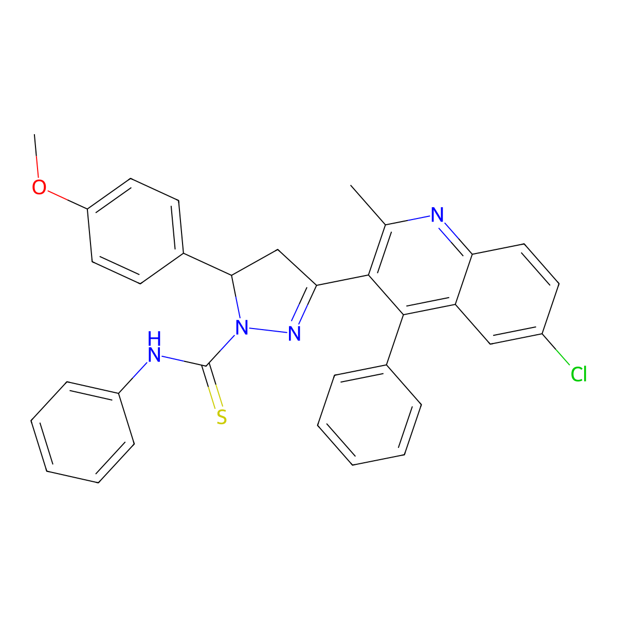 3-(6-chloro-2-methyl-4-phenylquinolin-3-yl)-5-(4-methoxyphenyl)-N-phenyl-4,5-dihydro-1H-pyrazole-1-carbothioamide molecular structure, CAS 381704-88-7