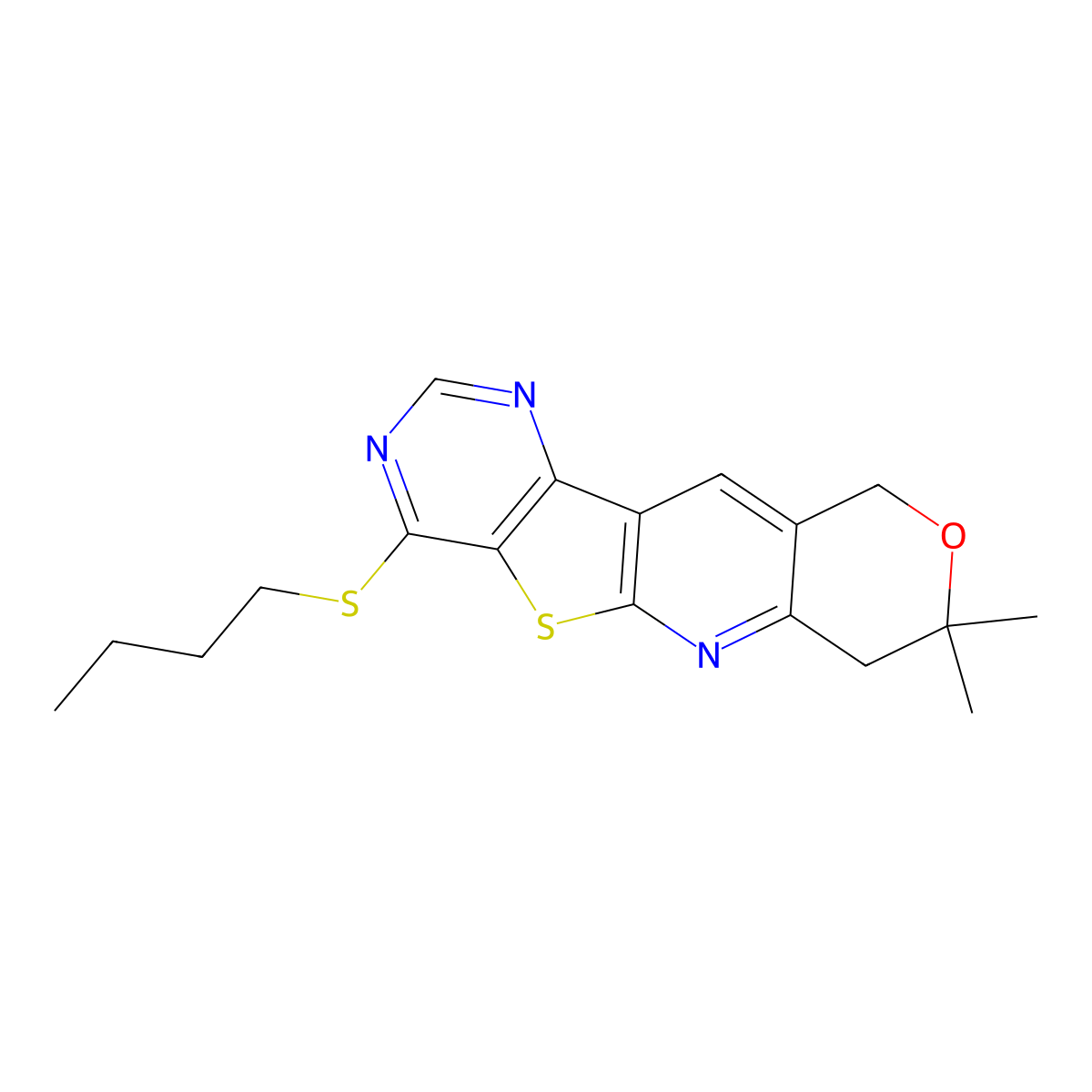 4-(butylsulfanyl)-8,8-dimethyl-7,10-dihydro-8H-pyrano[3'',4'':5',6']pyrido[3',2':4,5]thieno[3,2-d]pyrimidine molecular structure, CAS 381708-84-5