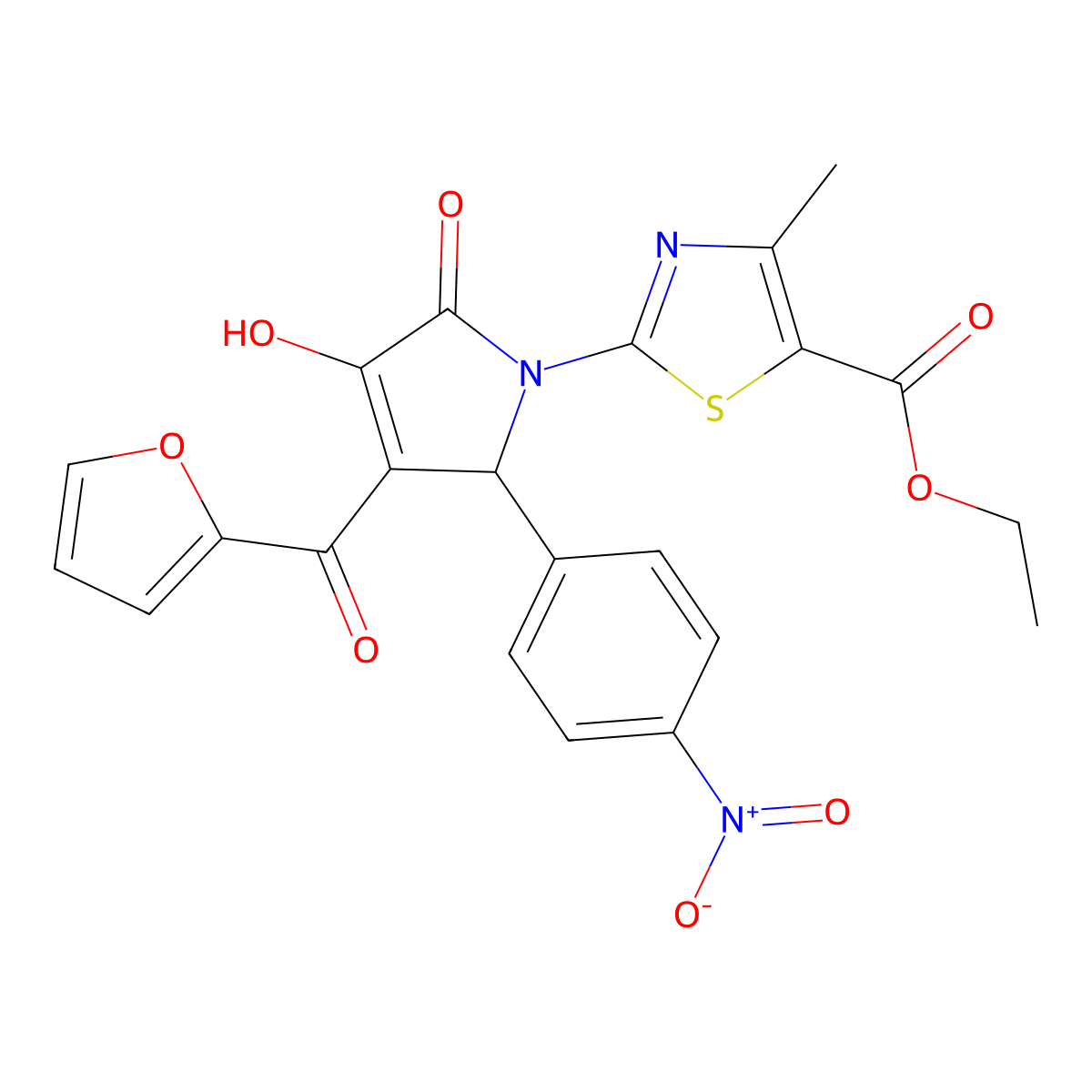 ethyl 2-[3-(furan-2-ylcarbonyl)-4-hydroxy-2-(4-nitrophenyl)-5-oxo-2,5-dihydro-1H-pyrrol-1-yl]-4-methyl-1,3-thiazole-5-carboxylate molecular structure, CAS 381709-12-2