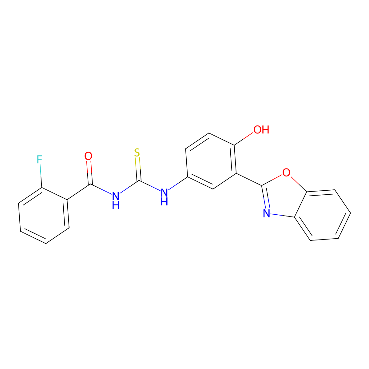 N-{[3-(1,3-benzoxazol-2-yl)-4-hydroxyphenyl]carbamothioyl}-2-fluorobenzamide molecular structure, CAS 381709-24-6