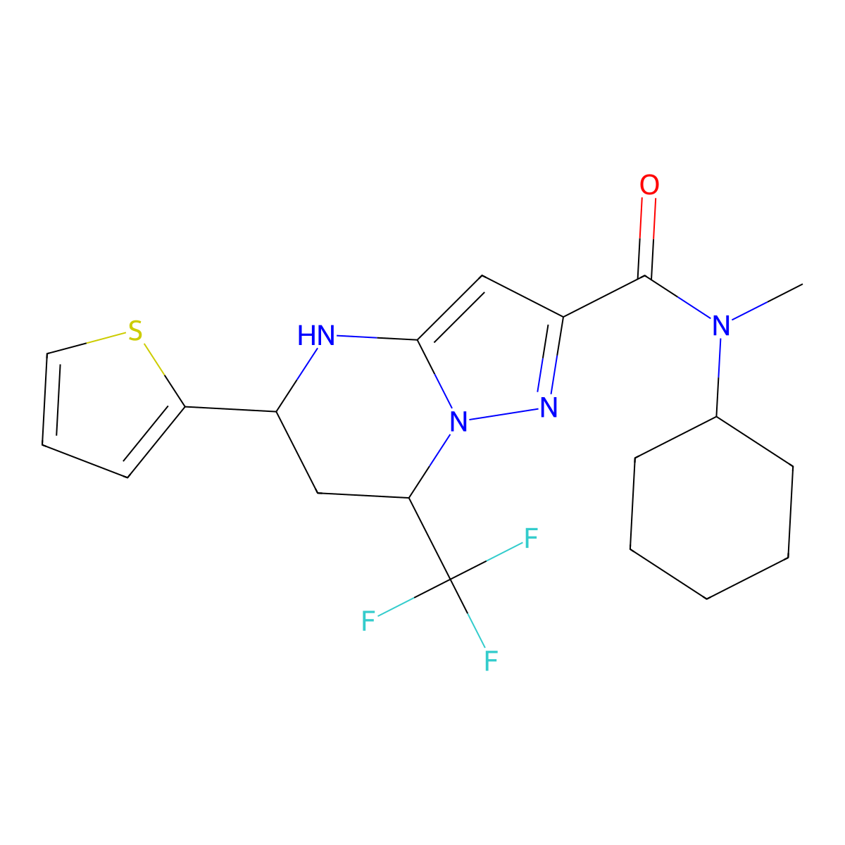 N-cyclohexyl-N-methyl-5-(thiophen-2-yl)-7-(trifluoromethyl)-4,5,6,7-tetrahydropyrazolo[1,5-a]pyrimidine-2-carboxamide molecular structure, CAS 381709-93-9