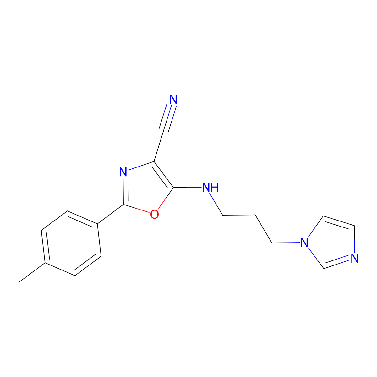 5-(3-Imidazol-1-ylpropylamino)-2-(4-methylphenyl)-1,3-oxazole-4-carbonitrile molecular structure, CAS 381710-54-9