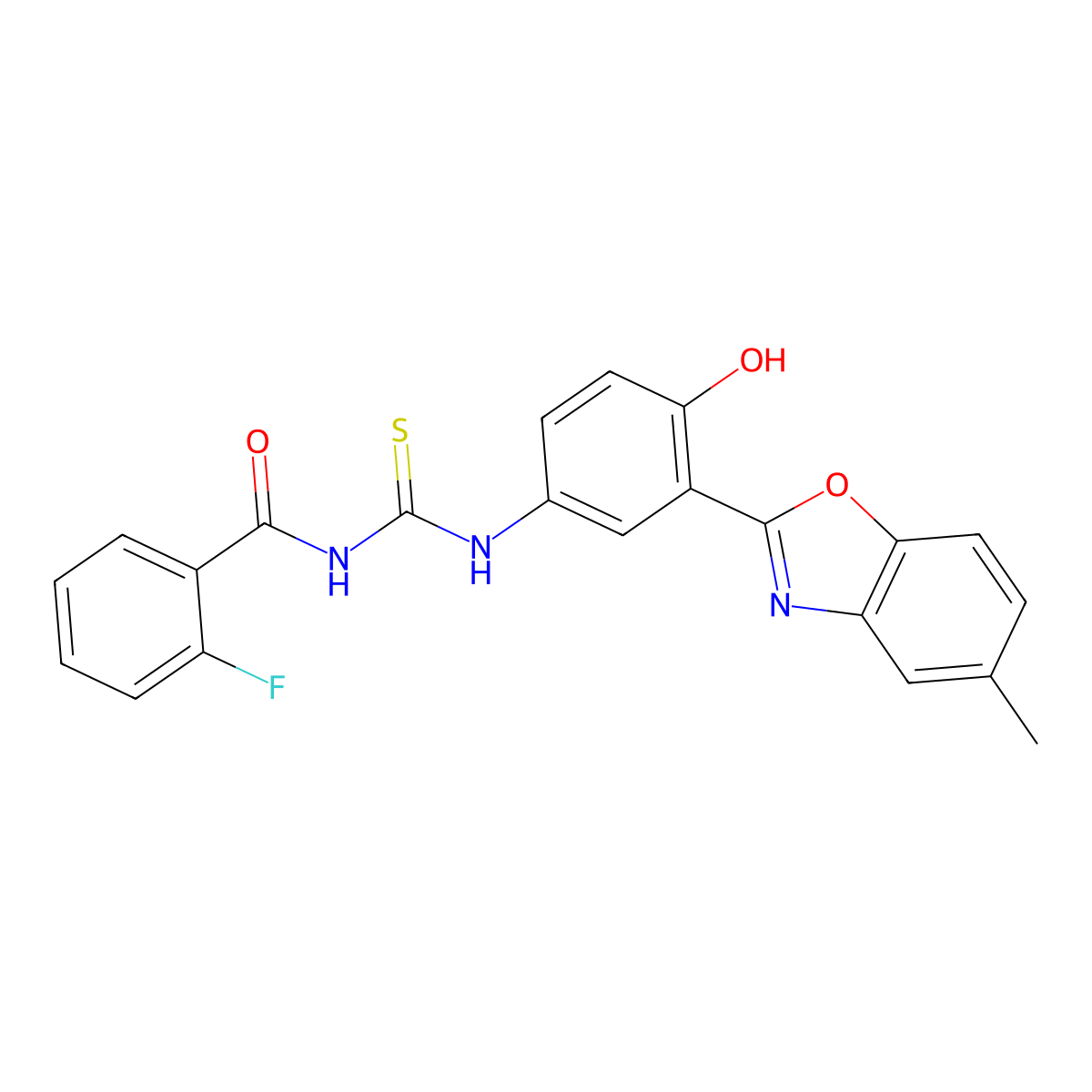 2-fluoro-N-((4-hydroxy-3-(5-methylbenzo[d]oxazol-2-yl)phenyl)carbamothioyl)benzamide molecular structure, CAS 381710-89-0