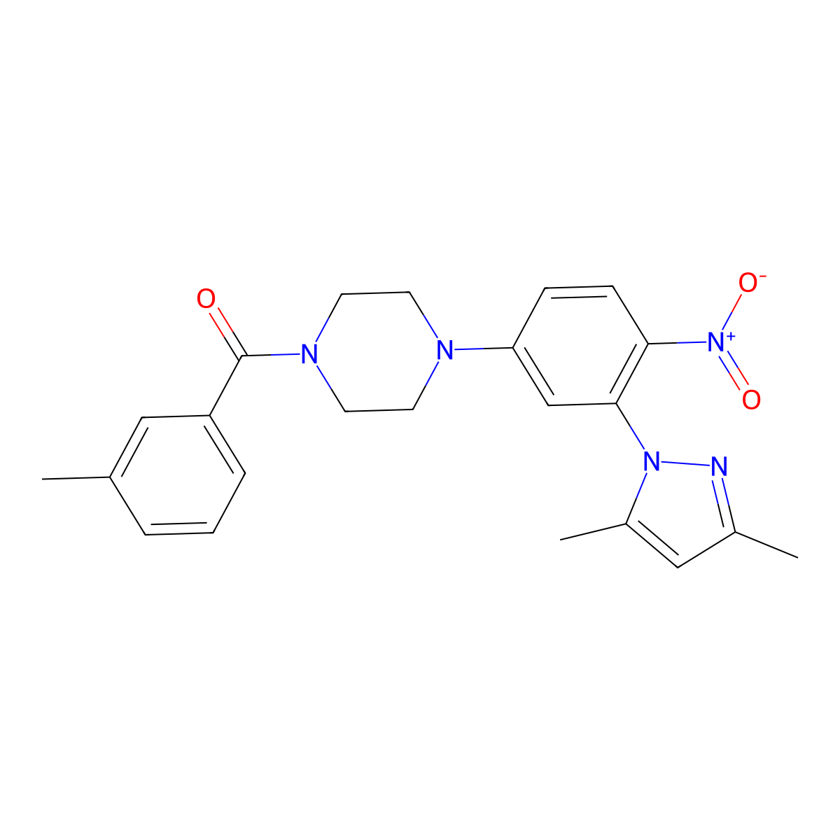[4-[3-(3,5-Dimethylpyrazol-1-yl)-4-nitrophenyl]piperazin-1-yl]-(3-methylphenyl)methanone molecular structure, CAS 381713-30-0