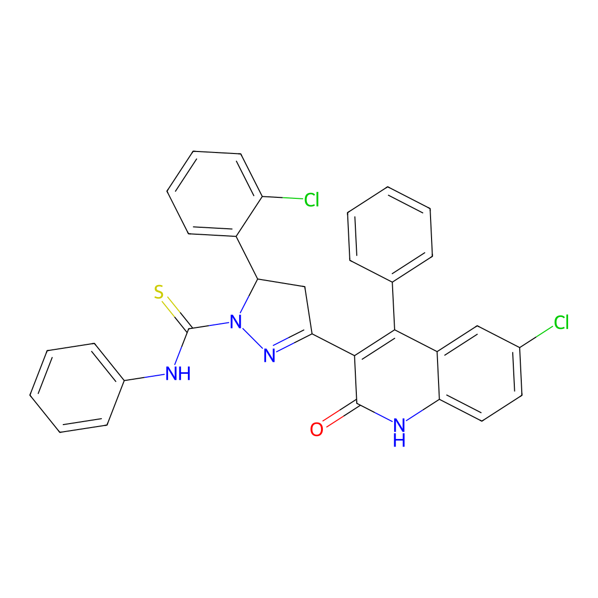 3-(6-chloro-2-hydroxy-4-phenylquinolin-3-yl)-5-(2-chlorophenyl)-N-phenyl-4,5-dihydro-1H-pyrazole-1-carbothioamide molecular structure, CAS 381713-68-4