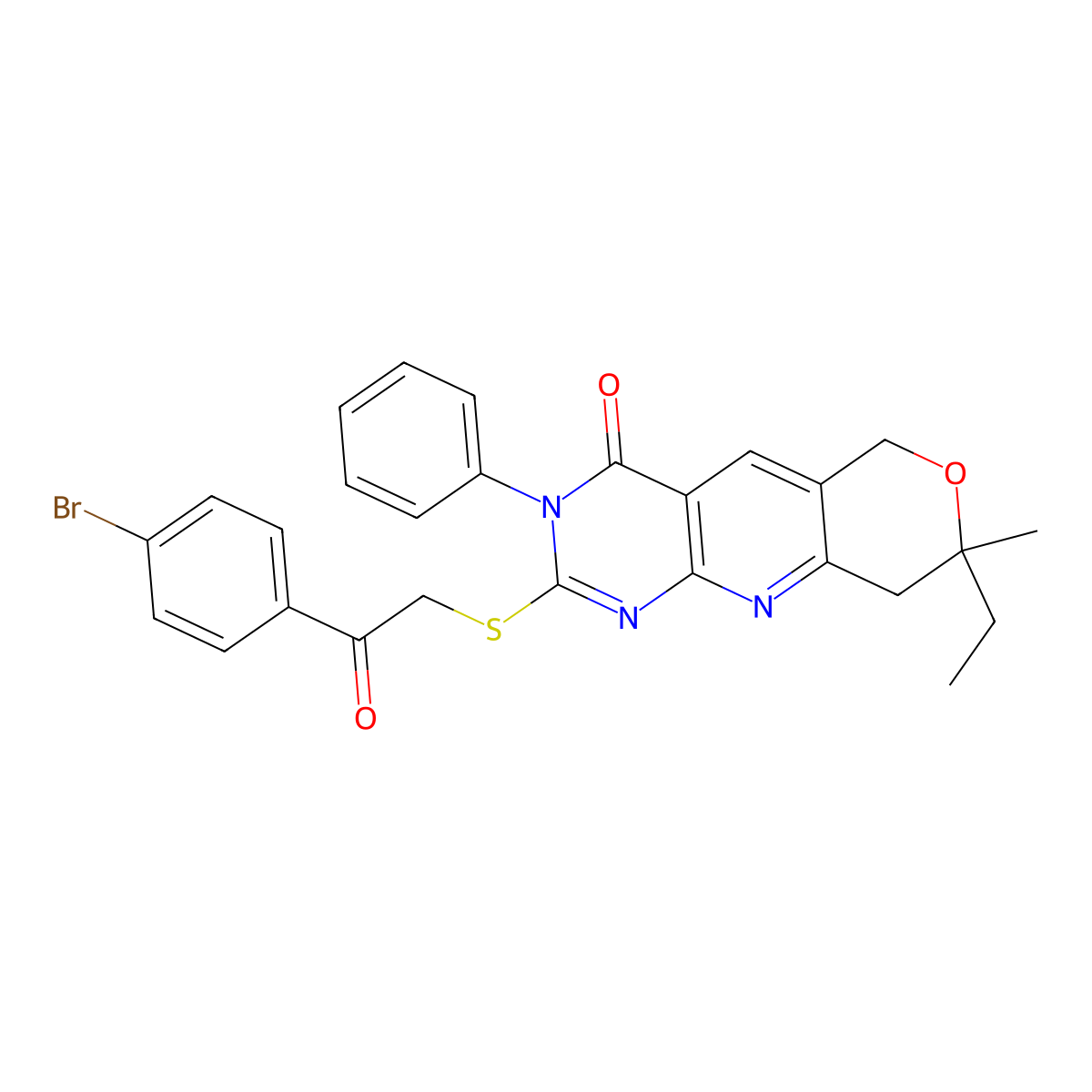 2-[2-(4-Bromophenyl)-2-oxoethyl]sulfanyl-8-ethyl-8-methyl-3-phenyl-6,9-dihydropyrano[3,4]pyrido[3,5-b]pyrimidin-4-one molecular structure, CAS 381714-95-0