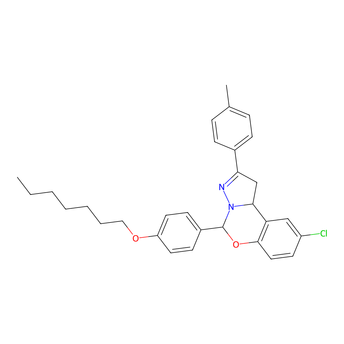 9-Chloro-5-[4-(heptyloxy)phenyl]-2-(4-methylphenyl)-1,10b-dihydropyrazolo[1,5-c][1,3]benzoxazine molecular structure, CAS 381715-13-5