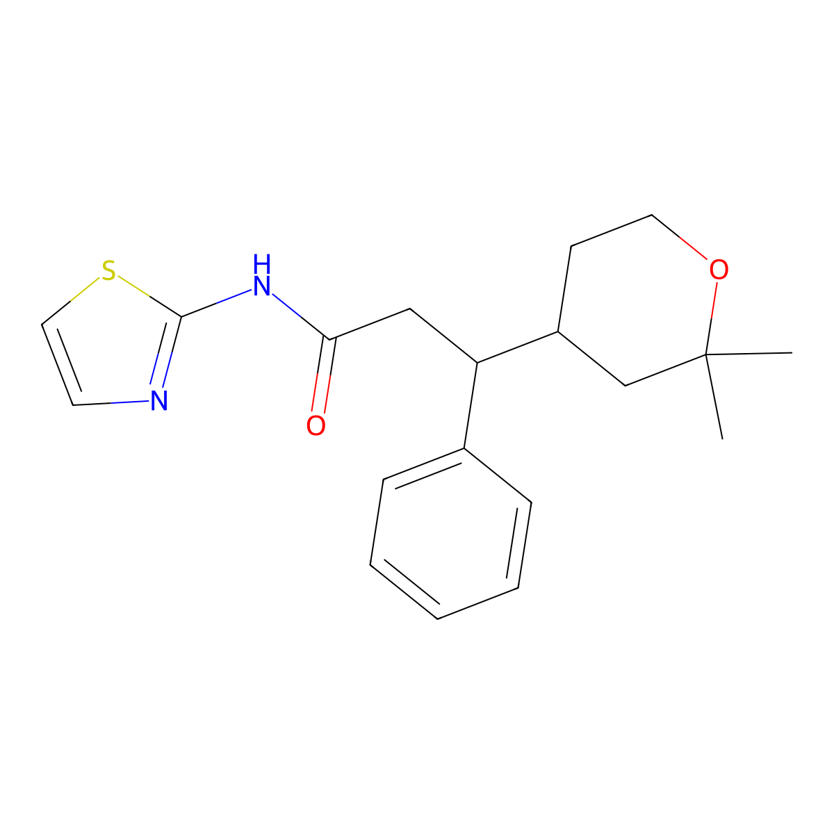 3-(2,2-dimethyloxan-4-yl)-3-phenyl-N-(1,3-thiazol-2-yl)propanamide molecular structure, CAS 381716-46-7