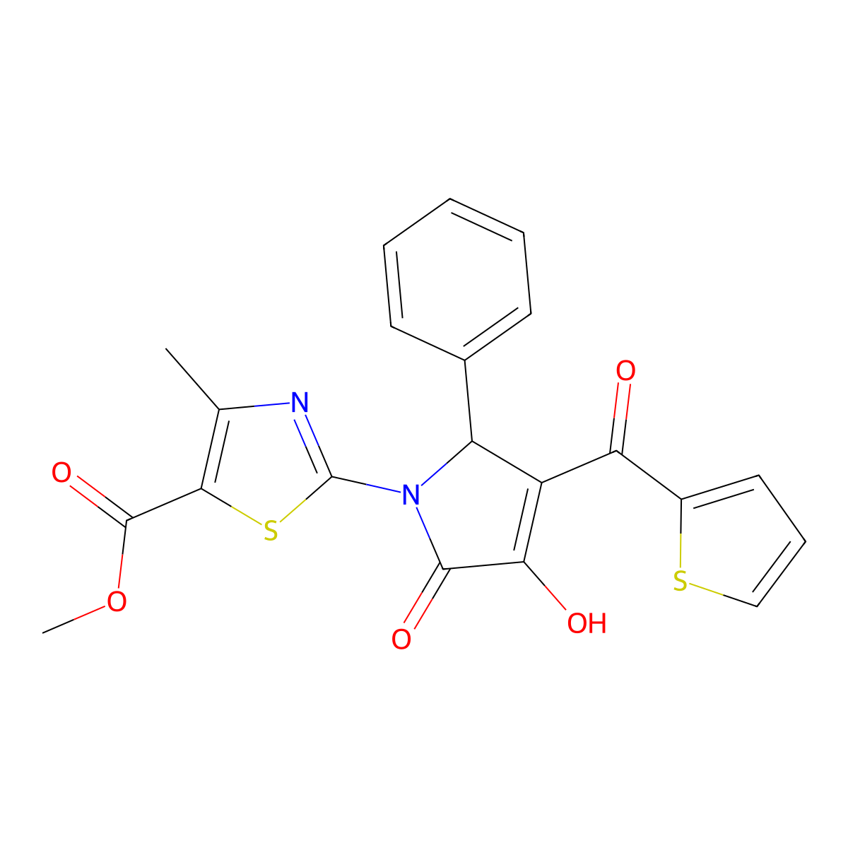 methyl 2-[3-hydroxy-2-oxo-5-phenyl-4-(thiophene-2-carbonyl)-2,5-dihydro-1H-pyrrol-1-yl]-4-methyl-1,3-thiazole-5-carboxylate molecular structure, CAS 381717-51-7