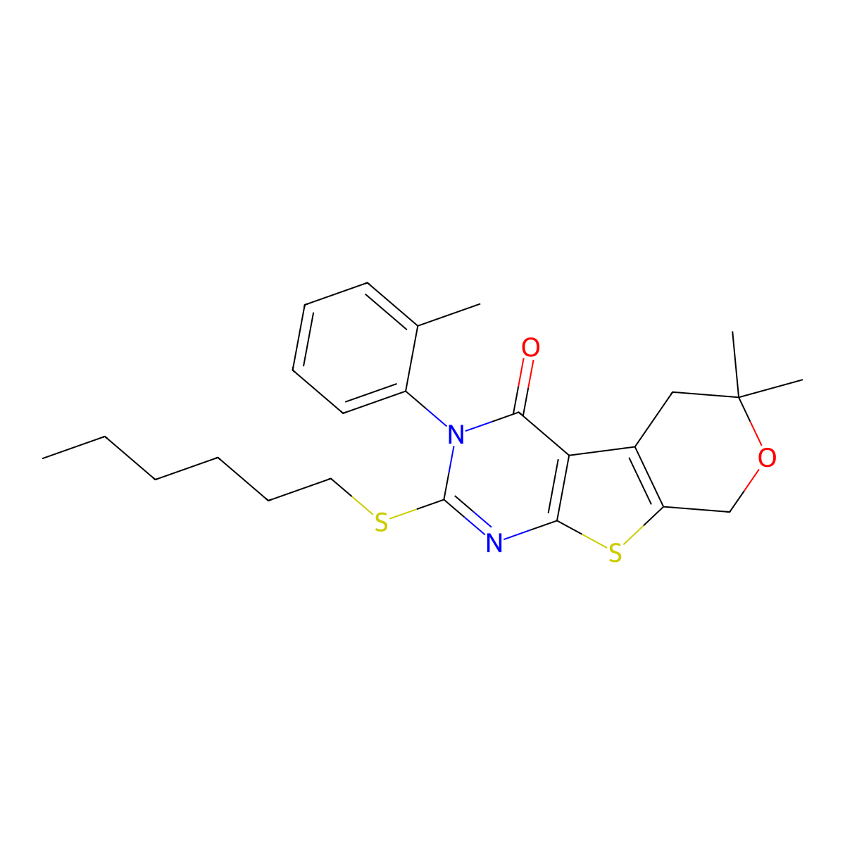 2-(hexylsulfanyl)-6,6-dimethyl-3-(2-methylphenyl)-3,5,6,8-tetrahydro-4H-pyrano[4',3':4,5]thieno[2,3-d]pyrimidin-4-one molecular structure, CAS 381717-75-5