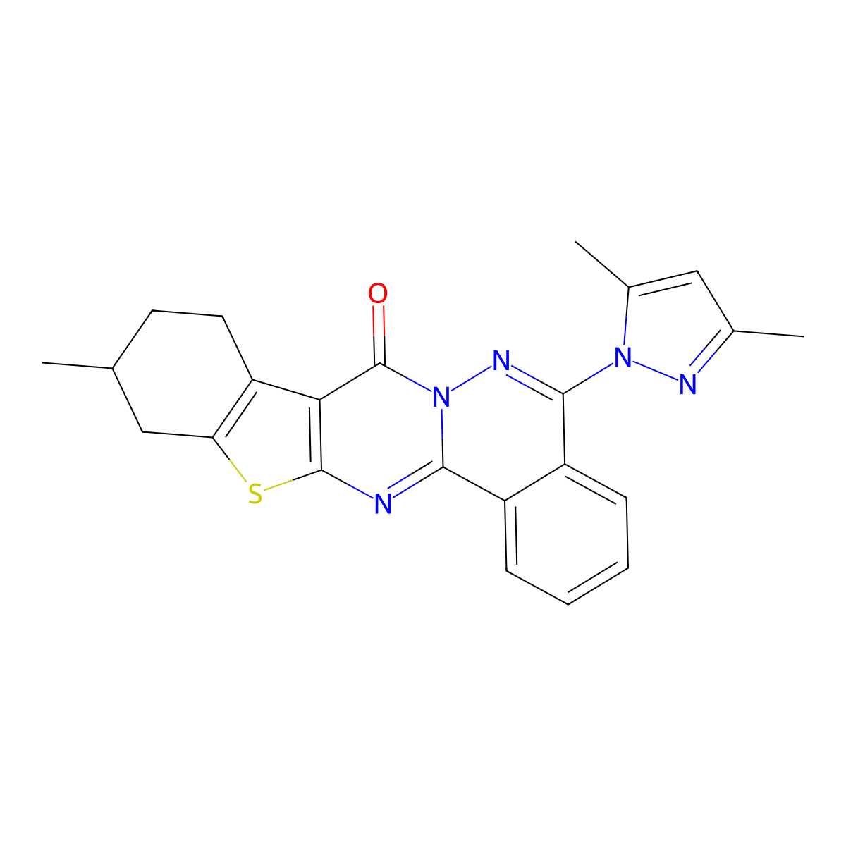 20-(3,5-dimethyl-1H-pyrazol-1-yl)-7-methyl-10-thia-1,12,21-triazapentacyclo[11.8.0.0^{3,11}.0^{4,9}.0^{14,19}]henicosa-3(11),4(9),12,14(19),15,17,20-heptaen-2-one molecular structure, CAS 381723-86-0
