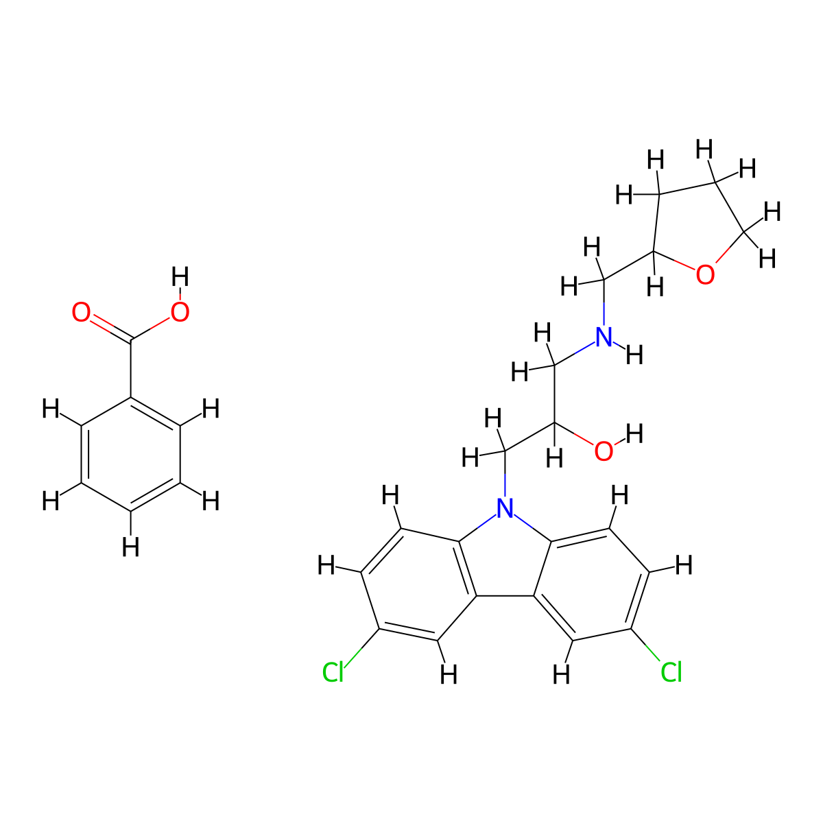1-(3,6-dichloro-9H-carbazol-9-yl)-3-(((tetrahydrofuran-2-yl)methyl)amino)propan-2-ol benzoate molecular structure, CAS 381727-62-4
