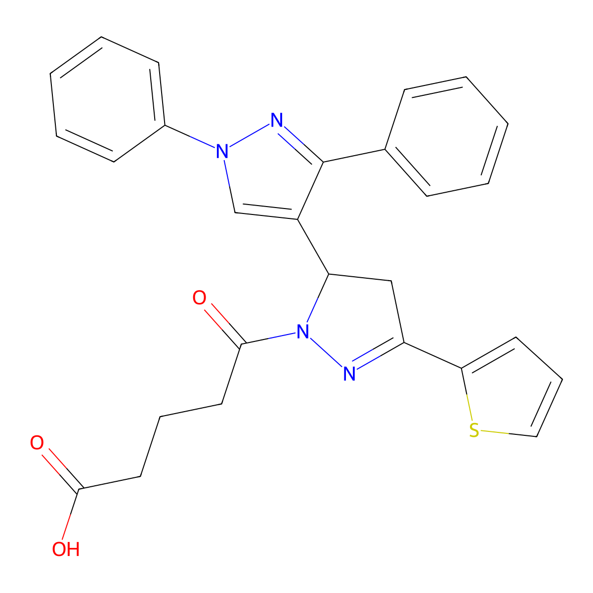5-[3-(1,3-Diphenylpyrazol-4-yl)-5-thiophen-2-yl-3,4-dihydropyrazol-2-yl]-5-oxopentanoic acid molecular structure, CAS 381727-89-5