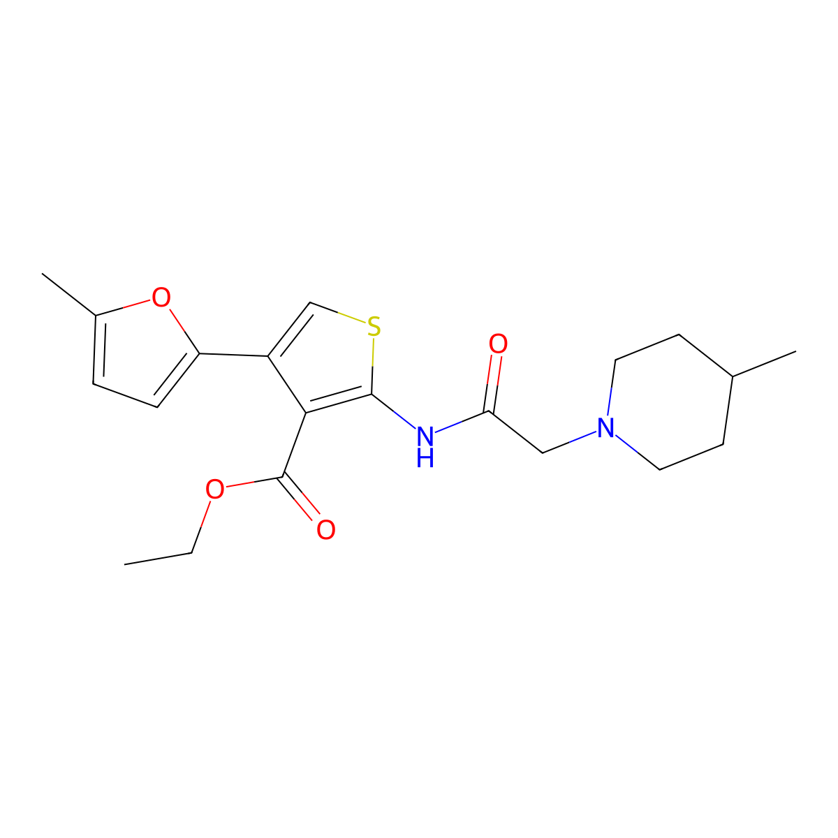 Ethyl 4-(5-methylfuran-2-yl)-2-[2-(4-methylpiperidin-1-yl)acetamido]thiophene-3-carboxylate molecular structure, CAS 381731-27-7