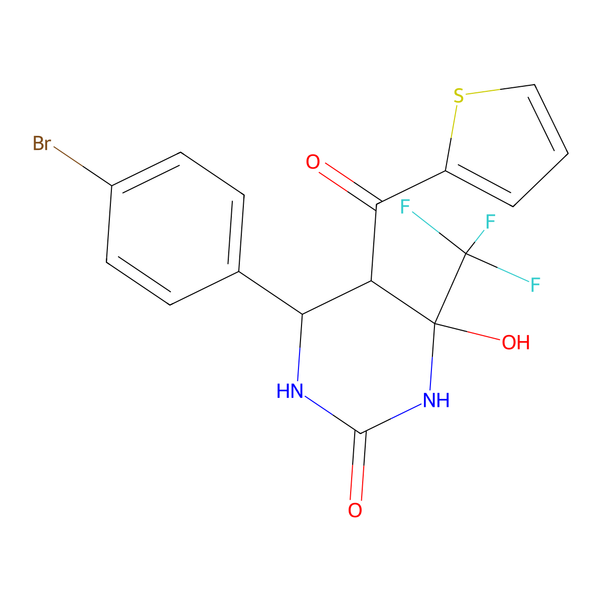 6-(4-Bromophenyl)-4-hydroxy-5-(thiophene-2-carbonyl)-4-(trifluoromethyl)-1,3-diazinan-2-one molecular structure, CAS 382149-78-2