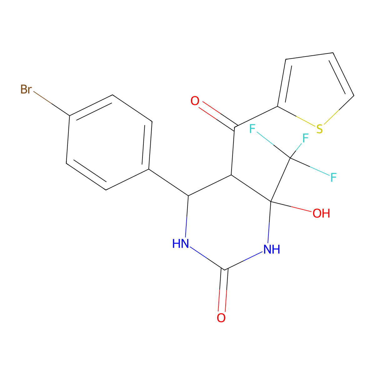 6-(4-Bromophenyl)-4-hydroxy-5-(thiophene-2-carbonyl)-4-(trifluoromethyl)-1,3-diazinan-2-one molecular structure, CAS 382149-78-2
