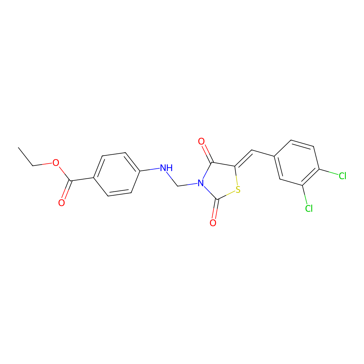 Ethyl 4-[[[5-[(3,4-dichlorophenyl)methylene]-2,4-dioxo-3-thiazolidinyl]methyl]amino]benzoate molecular structure, CAS 382152-12-7