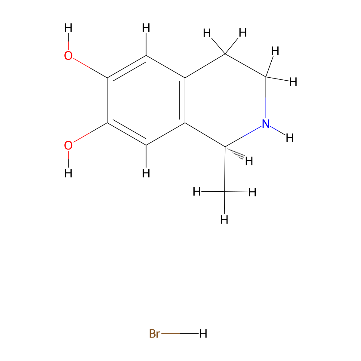 6,7-Isoquinolinediol, 1,2,3,4-tetrahydro-1-methyl-, hydrobromide (1:1), (1S)- molecular structure, CAS 38221-21-5