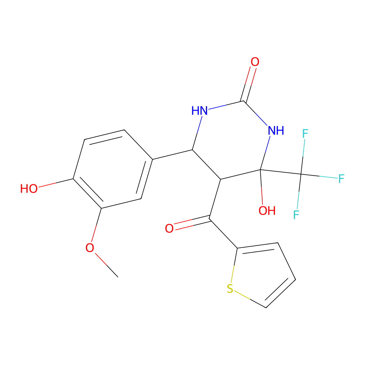 4-Hydroxy-6-(4-hydroxy-3-methoxyphenyl)-5-(2-thienylcarbonyl)-4-(trifluoromethyl)tetrahydro-2(1H)-pyrimidinone molecular structure, CAS 382592-80-5