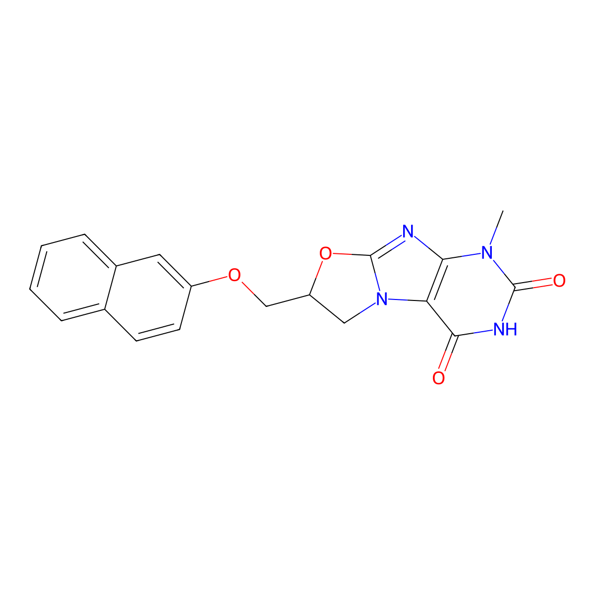1-methyl-7-((naphthalen-2-yloxy)methyl)-6,7-dihydrooxazolo[2,3-f]purine-2,4(1H,3H)-dione molecular structure, CAS 382611-73-6