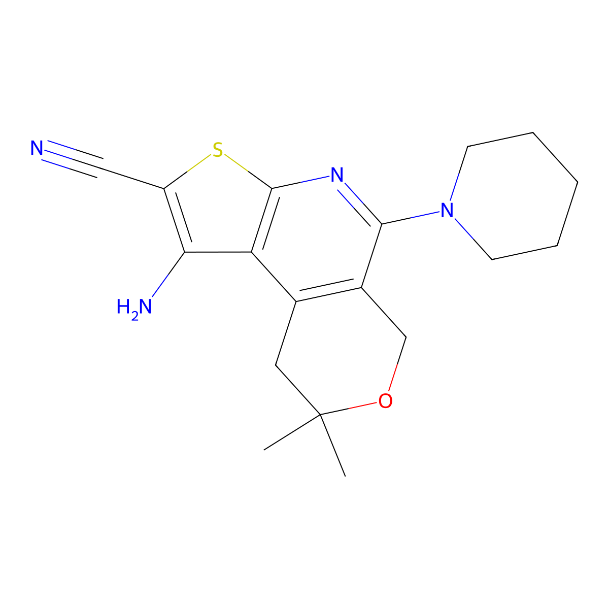 1-amino-8,8-dimethyl-5-(piperidin-1-yl)-8,9-dihydro-6H-pyrano[4,3-d]thieno[2,3-b]pyridine-2-carbonitrile molecular structure, CAS 382628-06-0
