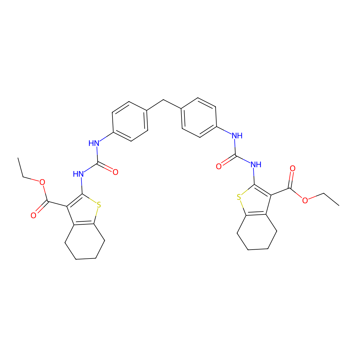 Ethyl 2-[[4-[[4-[(3-ethoxycarbonyl-4,5,6,7-tetrahydro-1-benzothiophen-2-yl)carbamoylamino]phenyl]methyl]phenyl]carbamoylamino]-4,5,6,7-tetrahydro-1-benzothiophene-3-carboxylate molecular structure, CAS 382633-12-7