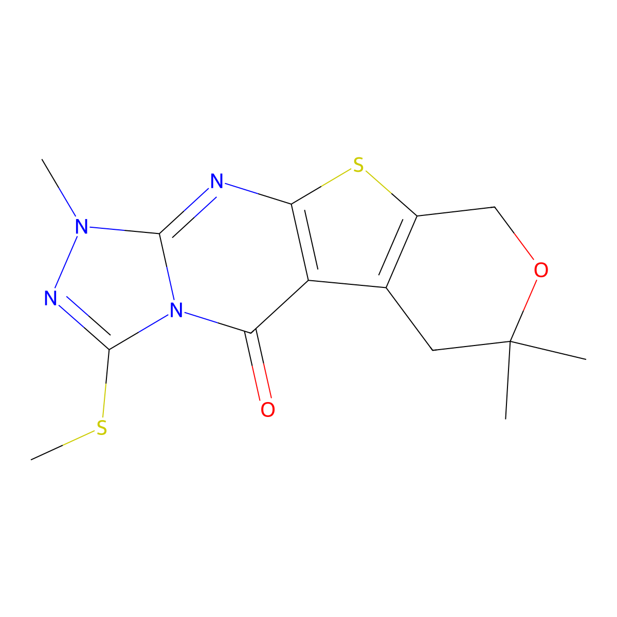 1,7,7-trimethyl-3-(methylthio)-6,7-dihydro-1H-pyrano[4',3':4,5]thieno[2,3-d][1,2,4]triazolo[4,3-a]pyrimidin-5(9H)-one molecular structure, CAS 382641-62-5
