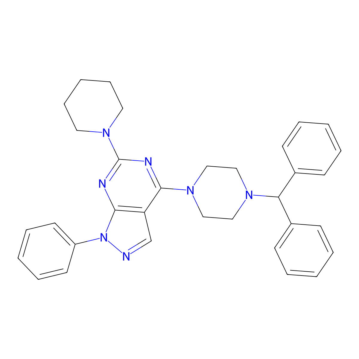 4-(4-Benzhydrylpiperazin-1-yl)-1-phenyl-6-piperidin-1-ylpyrazolo[3,4-d]pyrimidine molecular structure, CAS 382652-91-7