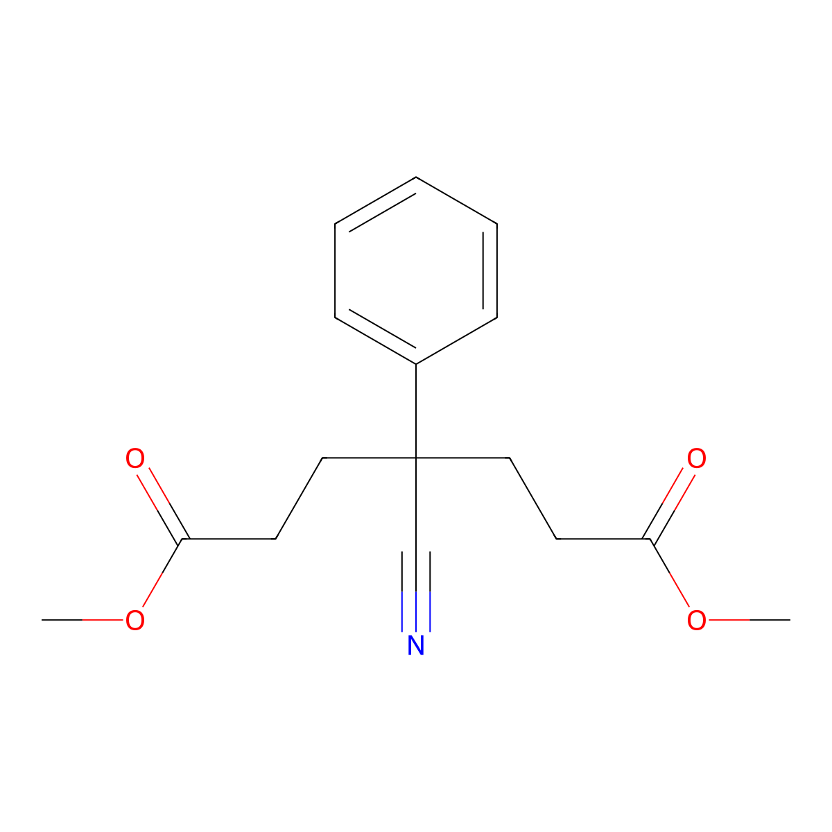 Dimethyl 4-cyano-4-phenylheptanedioate molecular structure, CAS 38289-18-8