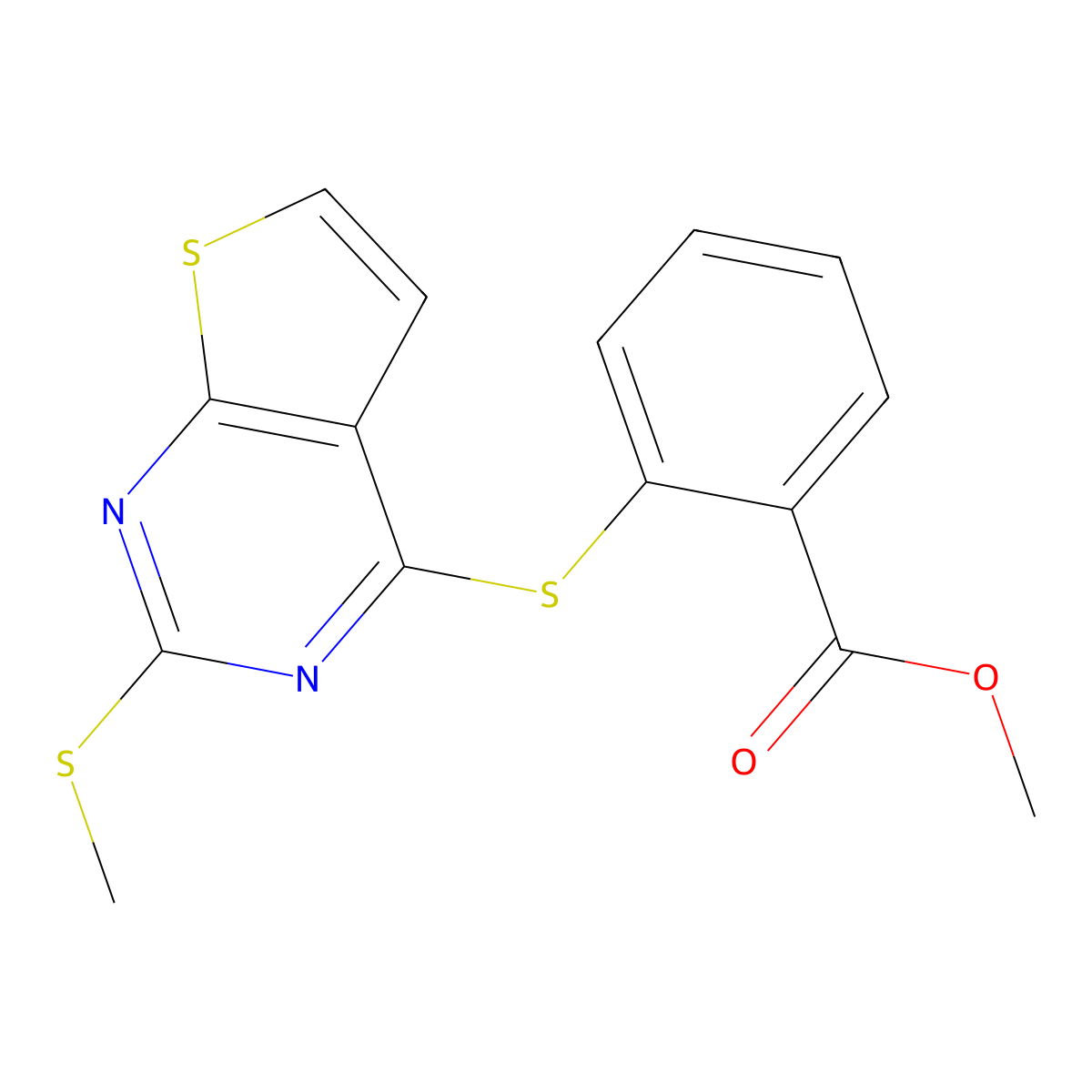 Methyl 2-{[2-(methylsulfanyl)thieno[2,3-d]pyrimidin-4-yl]sulfanyl}benzenecarboxylate molecular structure, CAS 383146-97-2