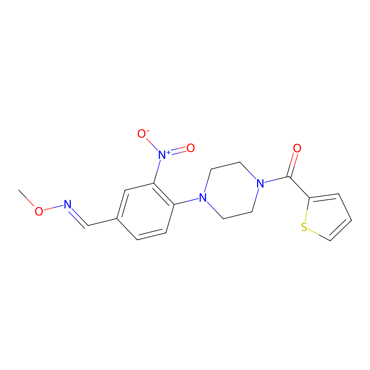3-nitro-4-[4-(2-thienylcarbonyl)piperazino]benzenecarbaldehyde O-methyloxime molecular structure, CAS 383147-21-5