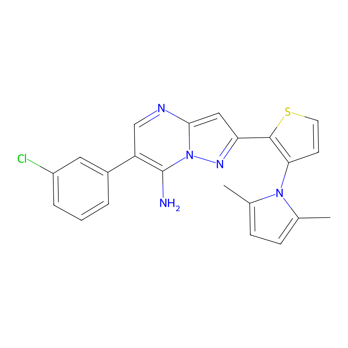 6-(3-Chlorophenyl)-2-[3-(2,5-dimethylpyrrol-1-yl)thiophen-2-yl]pyrazolo[1,5-a]pyrimidin-7-amine molecular structure, CAS 383147-74-8