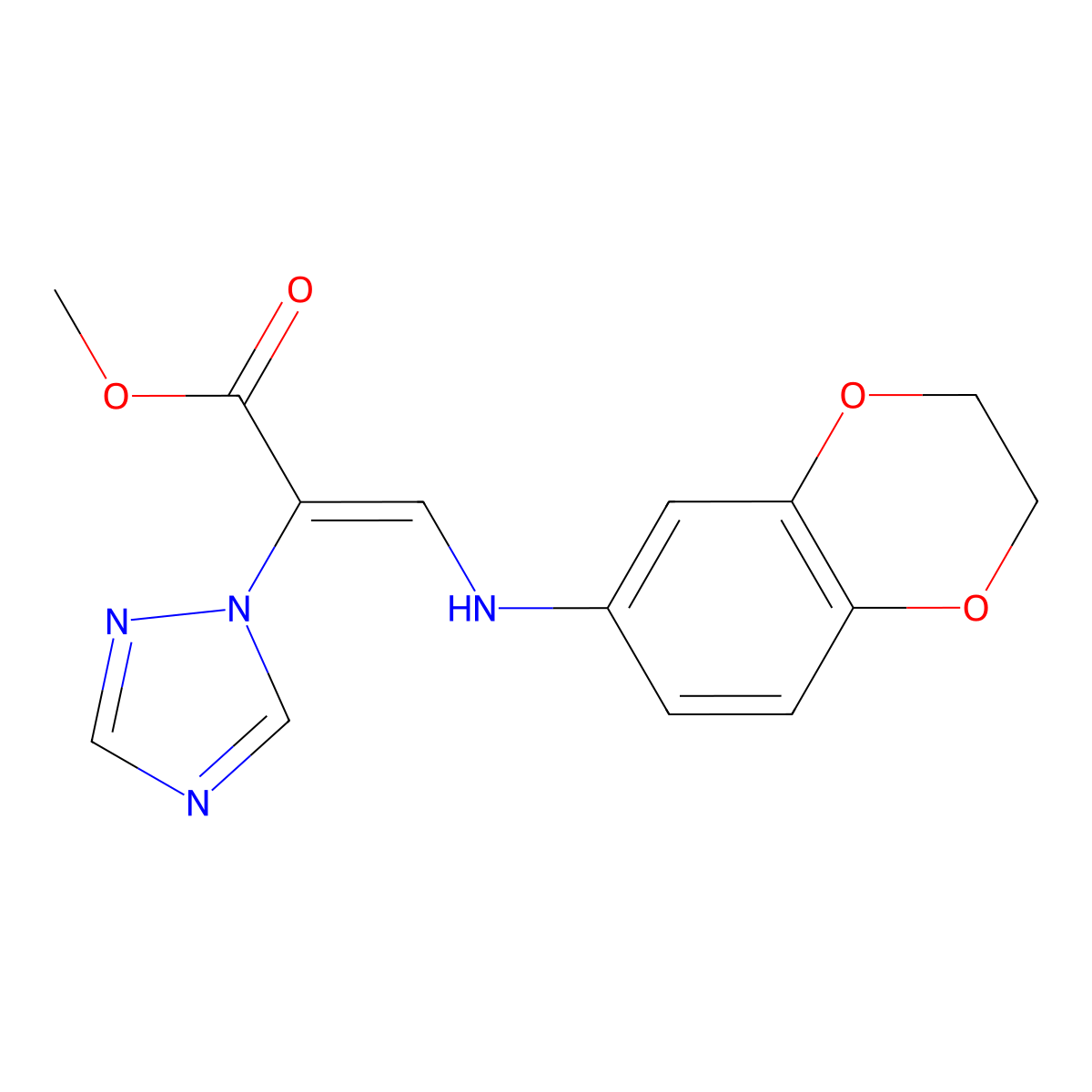 methyl (E)-3-(2,3-dihydro-1,4-benzodioxin-6-ylamino)-2-(1,2,4-triazol-1-yl)prop-2-enoate molecular structure, CAS 383148-51-4