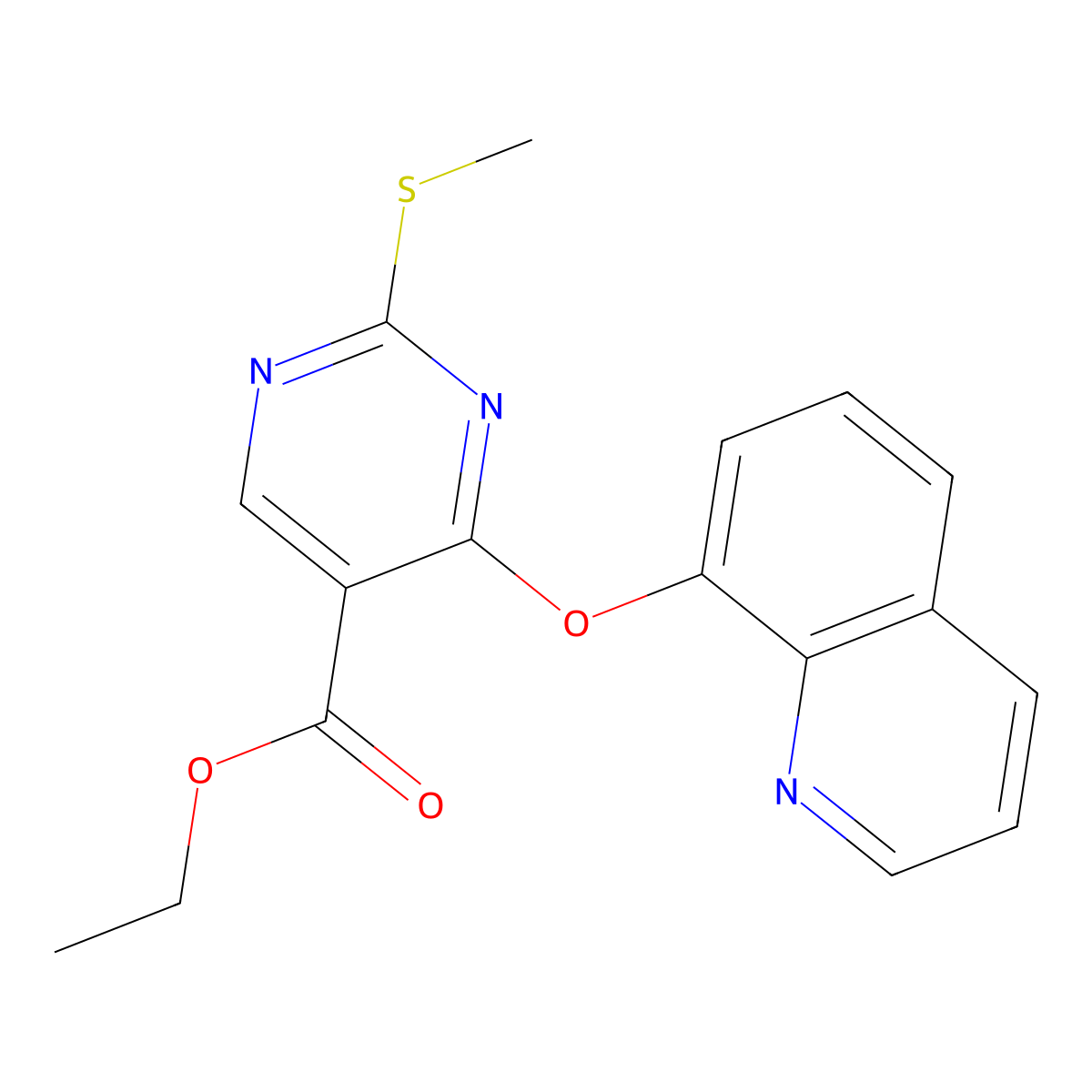 Ethyl 2-(methylsulfanyl)-4-(8-quinolinyloxy)-5-pyrimidinecarboxylate molecular structure, CAS 383148-60-5