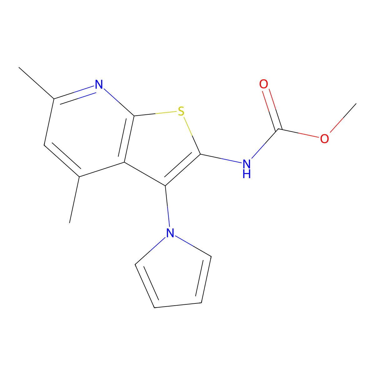 methyl N-[4,6-dimethyl-3-(1H-pyrrol-1-yl)thieno[2,3-b]pyridin-2-yl]carbamate molecular structure, CAS 383148-64-9